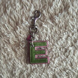 Vintage Coach Green and Pink 'E' Leather Alphabet Keychain